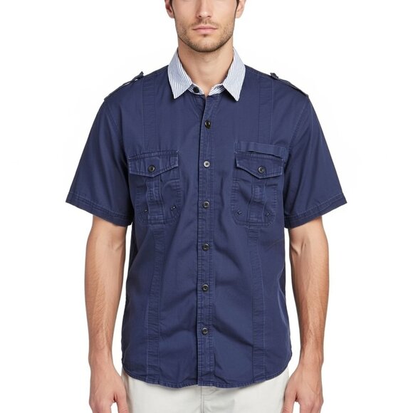 Monarchy Other - Monarchy Men’s XL Short Sleeve Button-Up Shirt Blue Cotton Double Pocket Modern